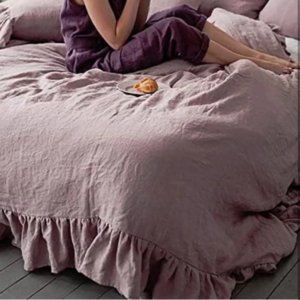 🆕 Linen Duvet Set Ruffle Luxury Washable King Bedding Set NEW NWT Purple Pink